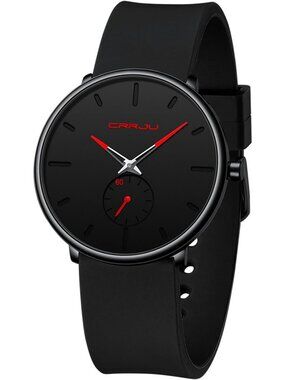 Crrju Men's Black Red Stylish Waterproof Quartz Unisex Ultra Silicone Band Watch